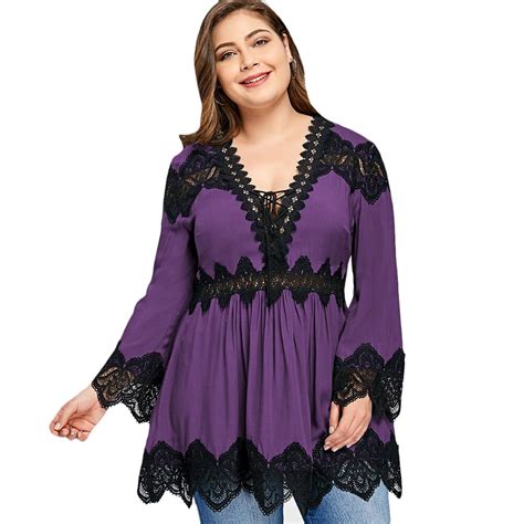 Wipalo Women Long Sleeves Xl Shirts Autumn Plus Size Lace Panel V Neck