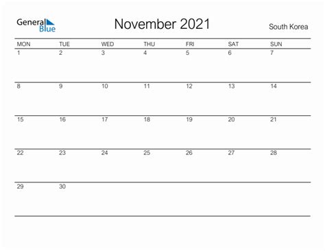 November 2021 South Korea Monthly Calendar With Holidays