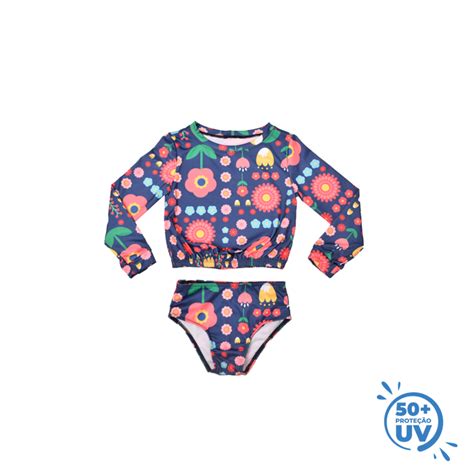 Conjunto Cropped E Biquíni Infantil Flores C Proteção Uv 50 Marinho