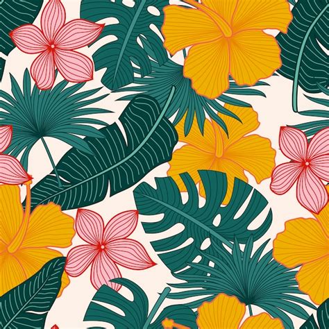 Seamless Floral Pattern With Tropical Flowers Premium Vector
