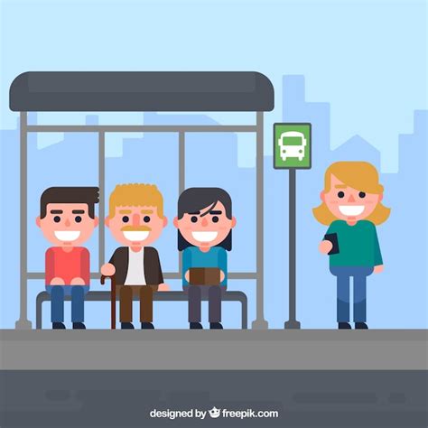 Free Vector People Waiting For The Bus With Flat Design