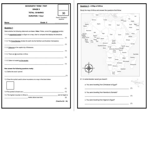 Grade 5 Geography Term 1 Test And Memorandum Teacha