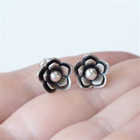 Dainty Sterling Silver Flower Stud Earrings Unique Handmade Gift For