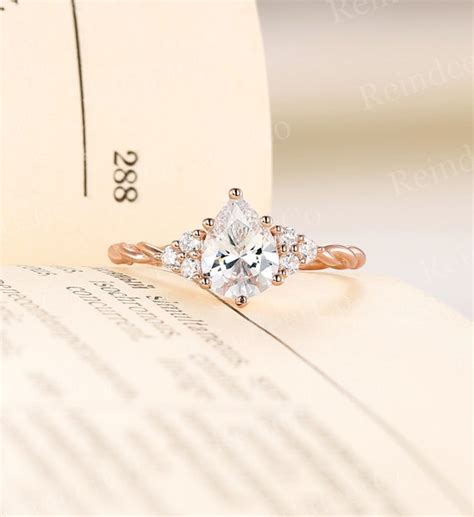 Pear Shaped Moissanite Engagement Ring Rose Gold Ring Round Etsy