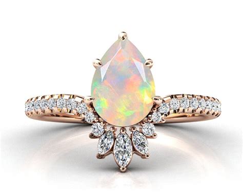 Antique Opal Engagement Ring Unique Opal Wedding Ring Pear Cut Bridal