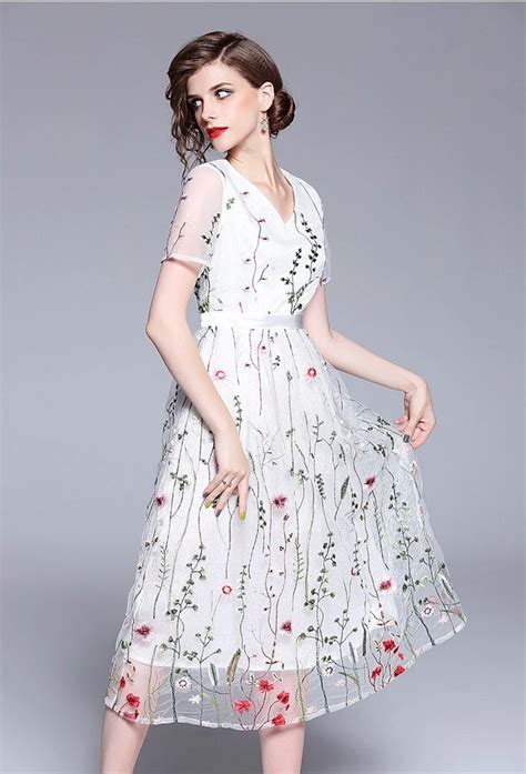 white mesh dress with floral embroidery party dress dress album embroidered mesh dress
