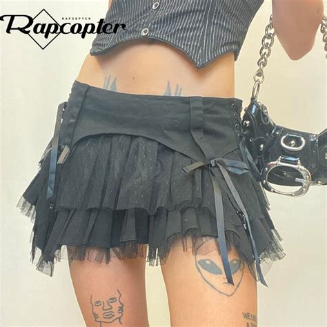 Rapcopter Y2k Mesh Pleated Skrits Black Bow Bandage Mini Skirts Grunge