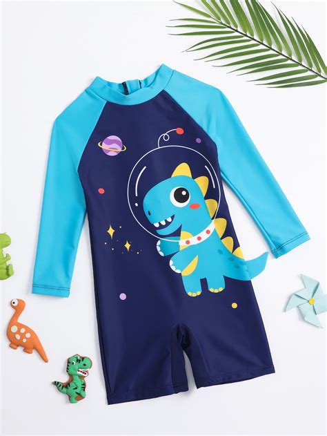 Blue Cute Collar Polyester Dinosaur One Pieces And Monokinis Embellished