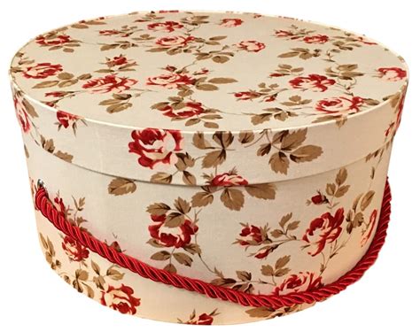 Hat Box In Red Roses On Pale Blue Large Decorative Fabric Covered Hat