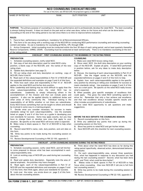 Nco Counseling Checklist Non Commissioned Officer Sergeant