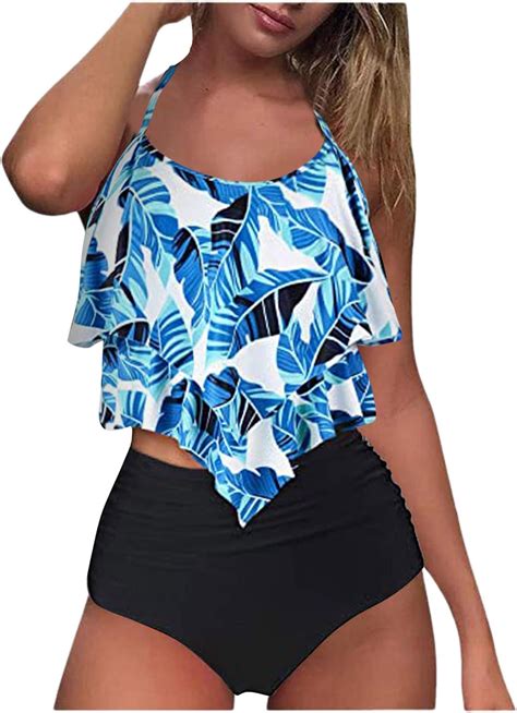 WAo Damen Tankini Rüschen Volant Geschichtet Bademode mit Boy Legs