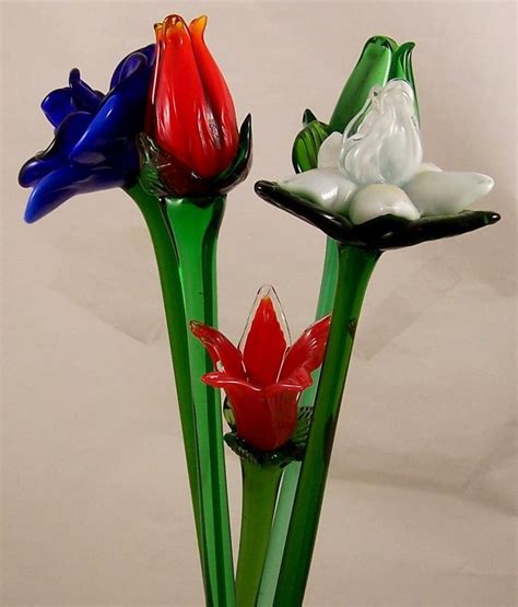 5 Vintage Murano Style Art Glass Flowers Rose Daffodil Long Stem Flower