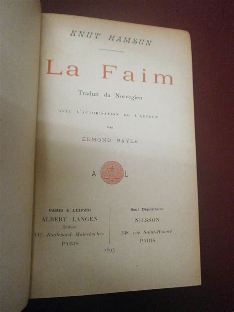 La Faim Edition Originale Française By Knut Hamsun Bon Couverture