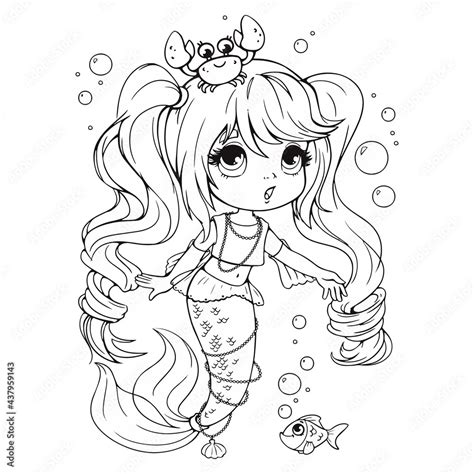 Cute Little Mermaid With A Crab On Her Head Coloring Book Coloring