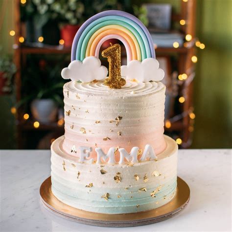Buy Two Tier Pastel Pink Mint And Gold With Rainbow Topper At Custom
