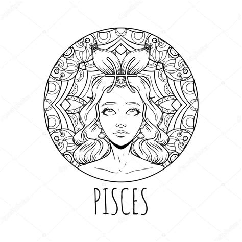 Pisces Zodiac Sign Artwork Adult Coloring Book Page Beautiful — Stock