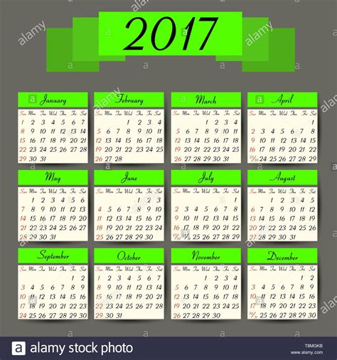 Calendar 2017 Vector Calendar Template Ready To Print Stock Vector