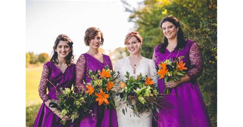 These Three Bridesmaids Wore Bright Purple Dresses With Lace Sleeves
