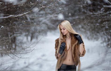 Wallpaper Sunlight Forest Women Outdoors Model Blonde Snow Winter Gloves Ice Cleavage