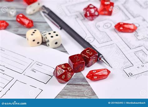 Red Tabletop Role Playing Rpg Game Dices On Blurry Hand Drawn Dungeon