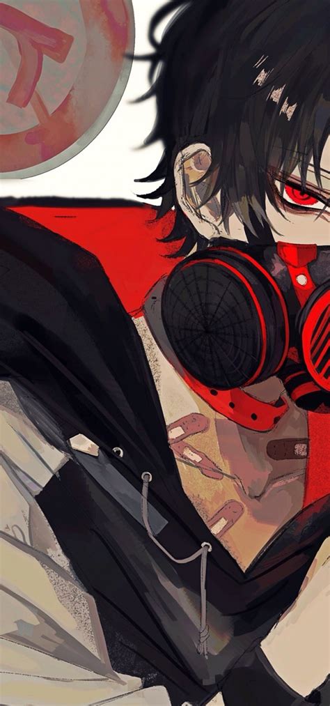 Download 1080x2310 Anime Boy Gas Mask Red Eyes Black
