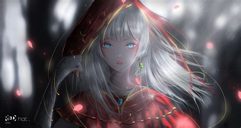 Anime Anime Girls Digital Art Red Hood Blue Eyes Grey Hair Long Hair Fantasy Girl Hd