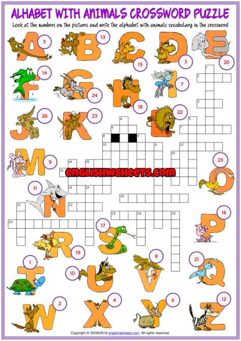 Alphabet With Animals Esl Crossword Puzzle Worksheet Math Subtraction