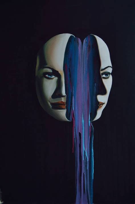 An Abstract Painting Of Two Womens Faces With Blue And Purple Streaks
