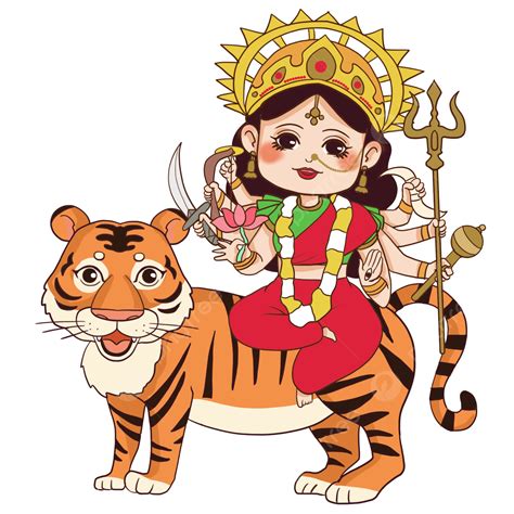 Durga Goddess Durga Cartoon Style Indian Traditional Goddess Riding