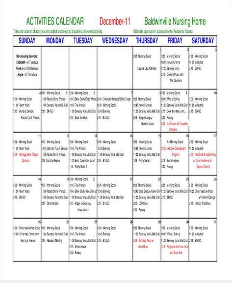 Sample Activity Calendar Template Di 2020