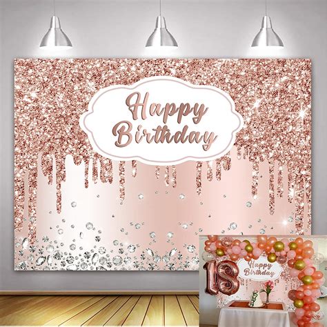 Pink Rose Golden Birthday Party Backdrop Glitter Diamonds Happy