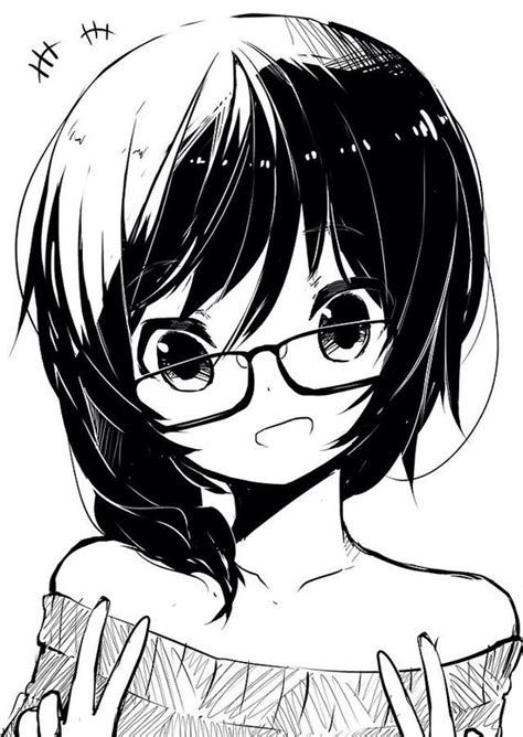 Cute Black And White Anime Girl With Glasses Monochrome