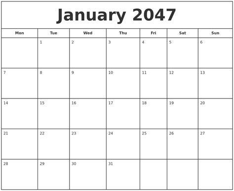 January 2047 Print Free Calendar