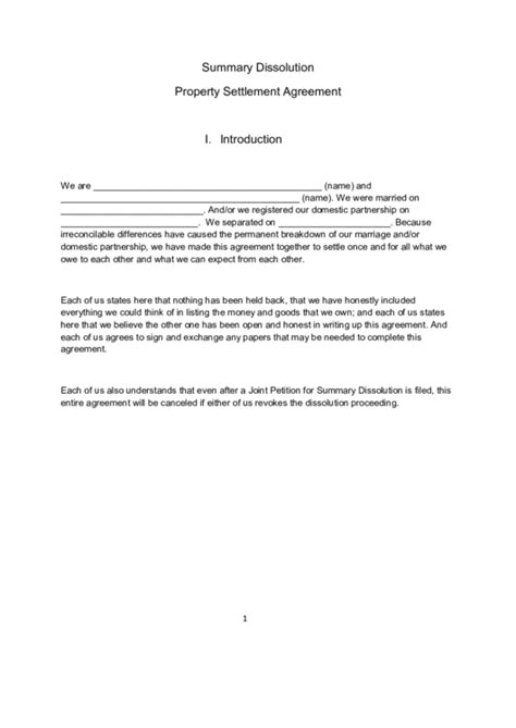 Fillable Summary Dissolution Property Settlement Agreement Printable