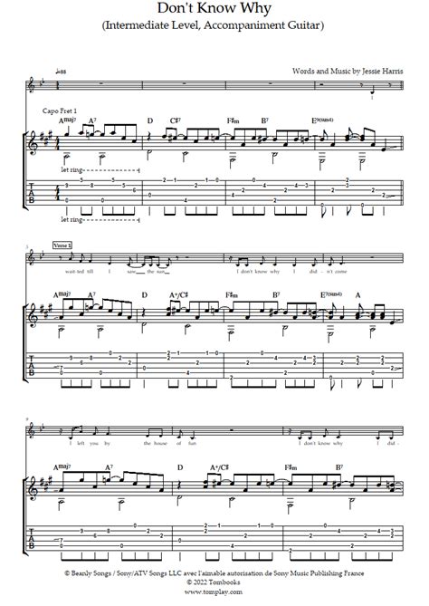 Dont Know Why Intermediate Level Accompaniment Guitar Norah Jones Guitar Tabs And Sheet