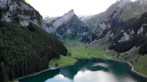 Aerial Flyover Over Lake Seealpsee In Appenzell Switzerland With A