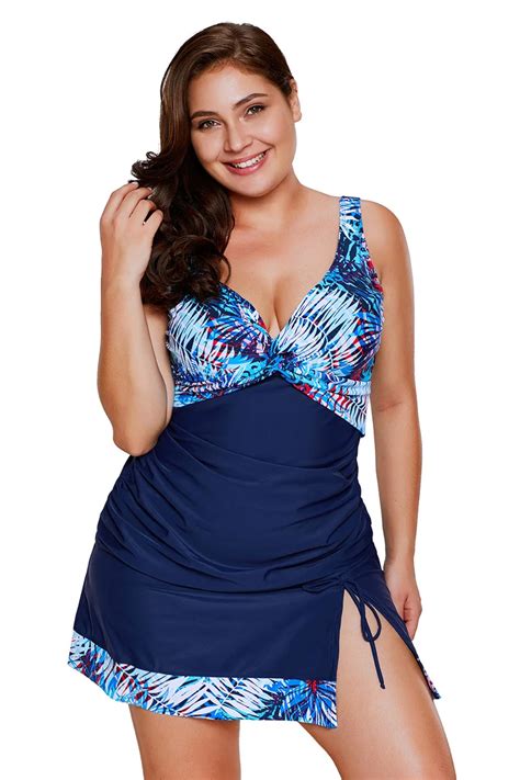 2019 Two Piece Tropical Print Detail Navy Blue Bathing Suit Plus Size Monokinis Swimwear
