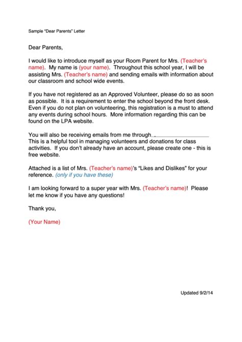 Teacher Letter To Parents Template Sample Printable Pdf Download