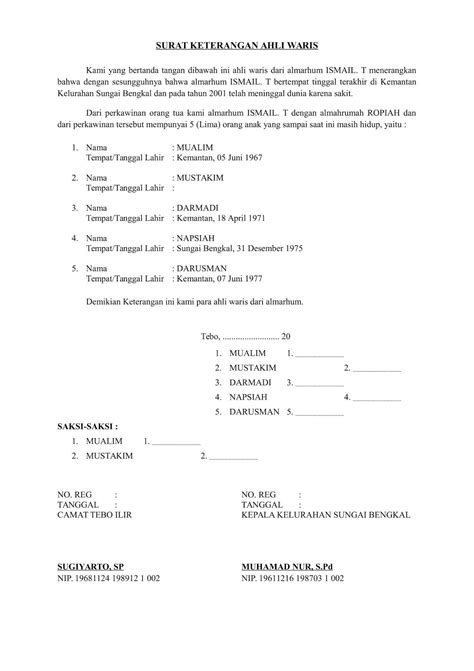 Contoh Surat Keterangan Ahli Waris Contoh Surat Lengkap Contohnya The