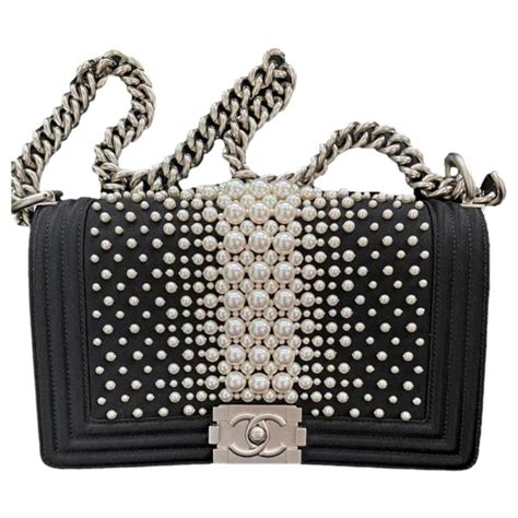 Chanel Medium Boy Bag With Pearls Limited Edition Black Satin Ref