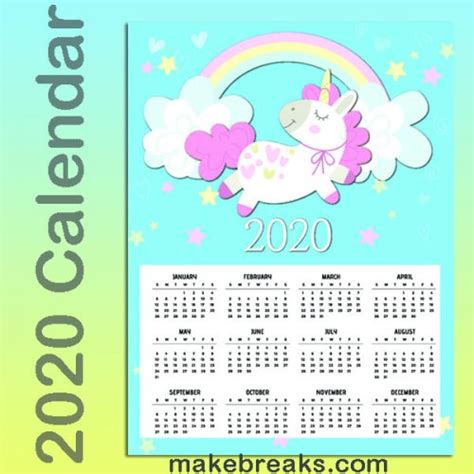 Free Printable Unicorn One Page 2020 Calendar 2 Make Breaks