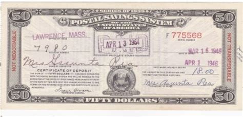 50 Series Of 1939 Postal Savings System Certificate Paid Lawrence Ma