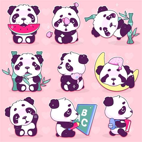 Conjunto De Personajes De Vector De Dibujos Animados Lindo Panda Kawaii