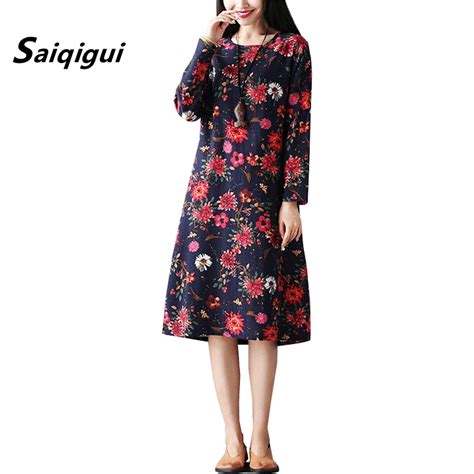 Saiqigui 2019 New Fashion Autumn Dress Long Sleeve Women Dress Casual Loose A Line O Neck Print