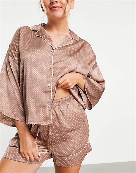Vero Moda Satin Piped Pyjama Short Set In Mocha Polka Dot Asos