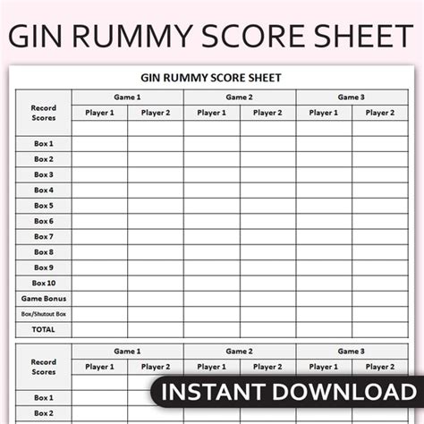 Printable Gin Rummy Score Sheet Classic Card Game Tracker Inspire