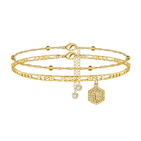 Tingn Layered Ankle Bracelets For Women 14k Gold Filled Figaro Chain
