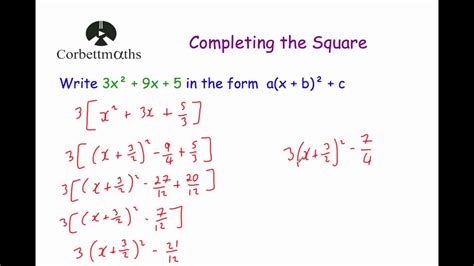 Completing The Square 2 Corbettmaths Youtube