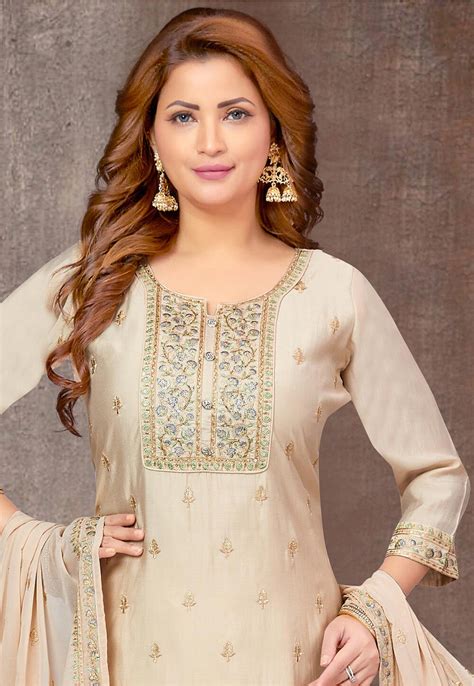 Buy Embroidered Chanderi Silk Pakistani Suit In Beige Online Kgzt5052