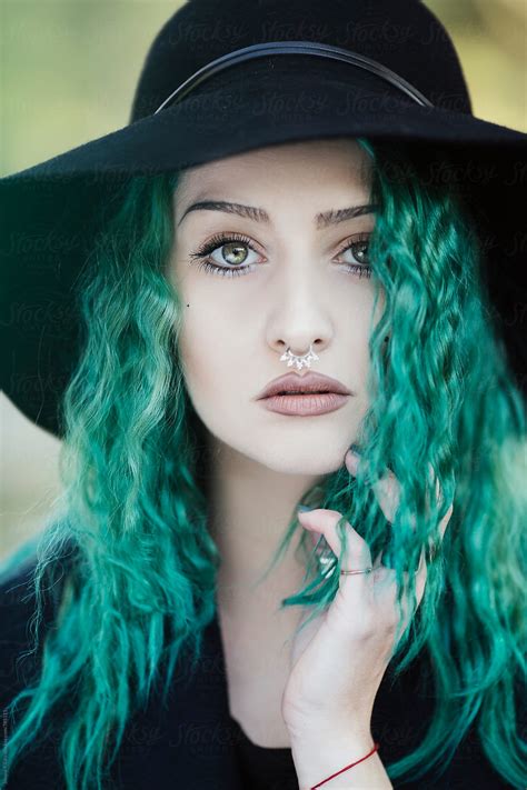Portrait Of A Beautiful Young Woman With Green Hair And Eyes Del